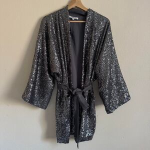 Emerson Fry Sequin Kimono Jacket XS/S Charcoal Gray Belted Evening Cocktail